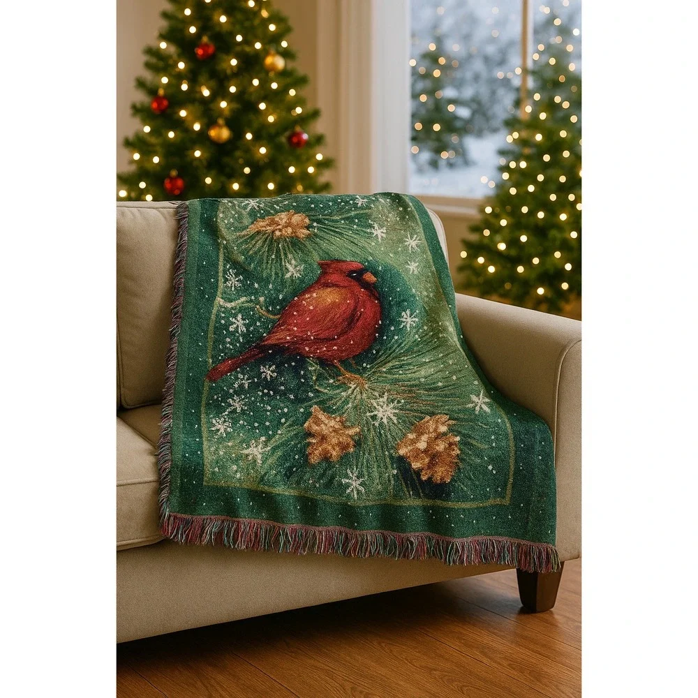 Winter Cardinal Tapestry Throw Blanket‎ by Susan Winget 46x59 Snow Pinecone USA